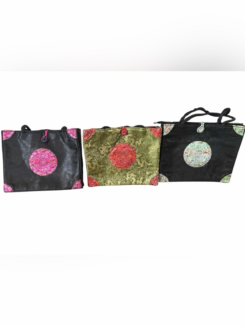 3 Silk Asian Brocade Japanese Tote Bags with Stylish Accent 11”x13”